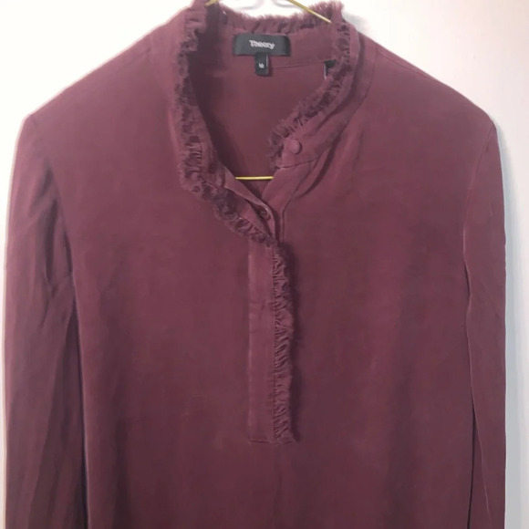 Theory 100% Silk Long Sleeve Ruffle Frayed Edge Blouse M - Picture 9 of 9